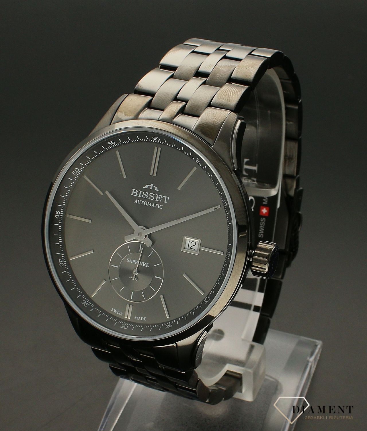 Zegarek męski na bransolecie Szafirowe Szkło BSMF59 GRAFITOWY. Szwajcarska marka Bisset prezentuję wysoką różnorodność i bogactwo zegarków. Bisset wyróżnia się wysoką jakością wykonania i dzięki dopracowanym mechanizmom (3).jpg